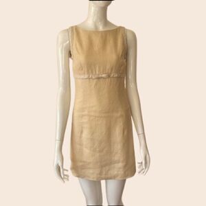 Vintage Cream and Pastel Yellow Mini Linen Dress Size 2